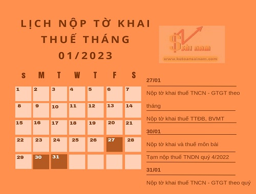 LỊCH NỘP TỜ KHAI VÀ TIỀN THUẾ THÁNG 01/2023